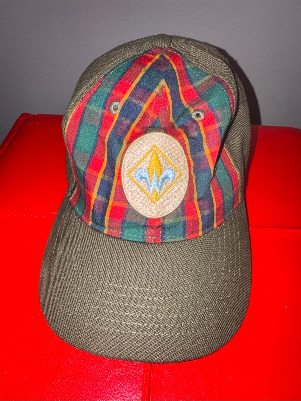 Kids Plaid Green Baseball Cap with Crest Patch